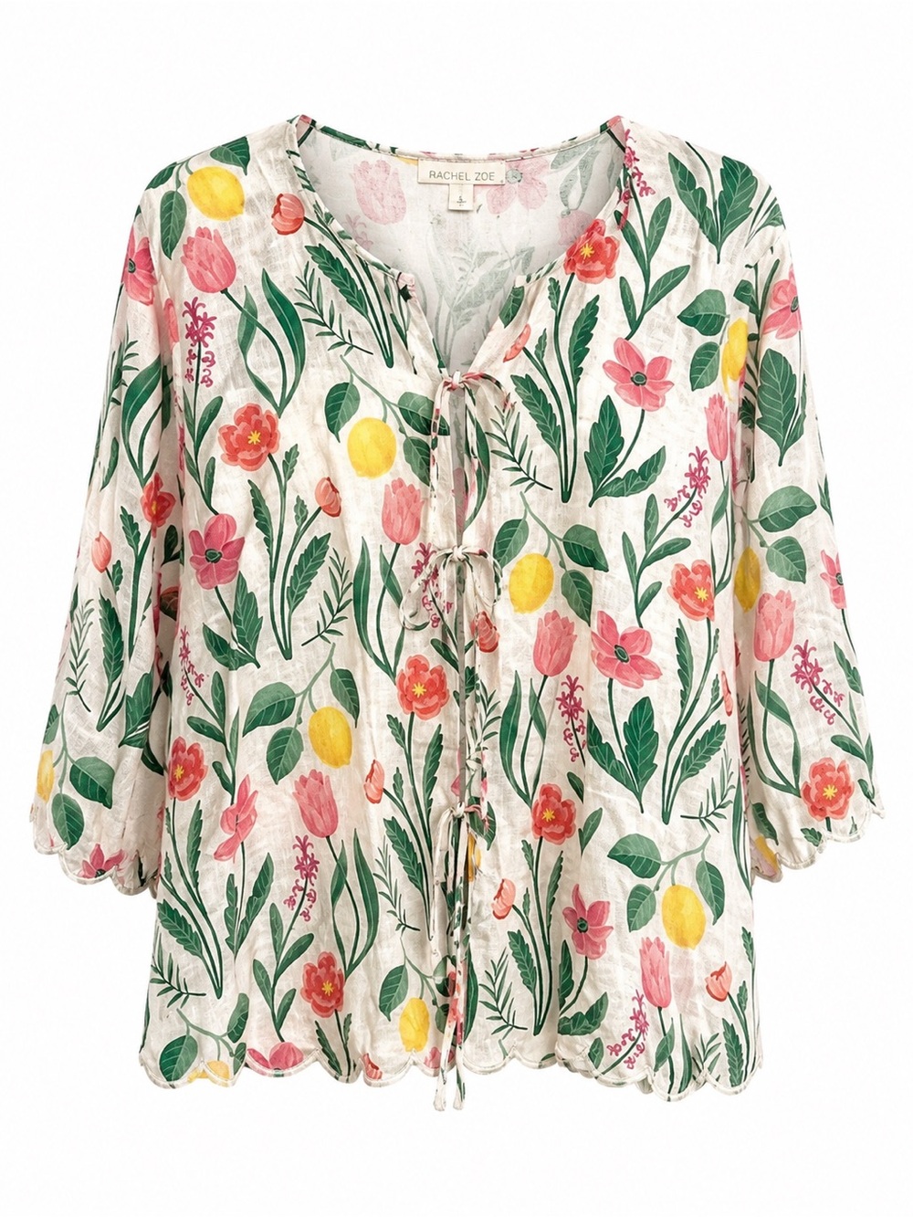 Rachel Zoe Floral Tie-Front Linen Blouse in Pink, Green & Yellow